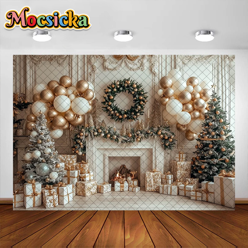 Christmas Photography Background Xmas Tree Fireplace Garland Gift Decoration Kids Holiday Portrait Photo Backdrops Studio Props