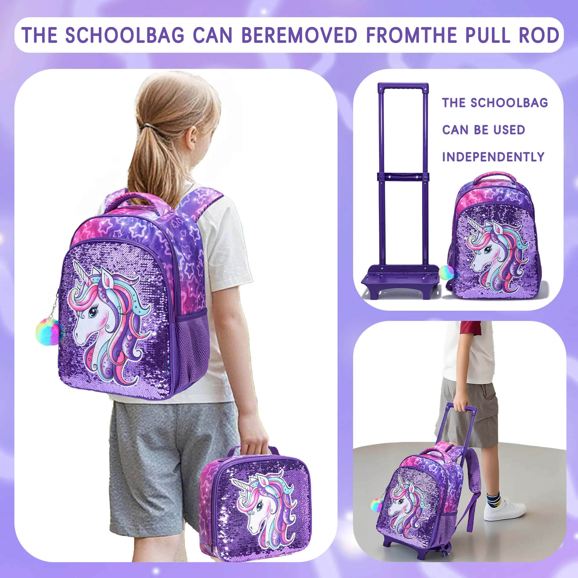 Primary School Student School Trolley Bags Set with Lunch Bag Pen bag Travel Trolley Bag for Girls Rolling Luggage Suitcase