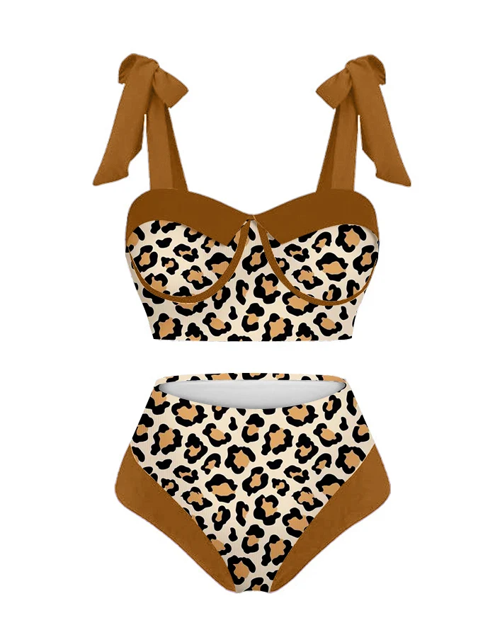 Leopard Colorblock Print Bikinis Set 2023 New Swimwear Summer Female Biquini 2 Piece  and Cover Up Women Fashion Swim Suit