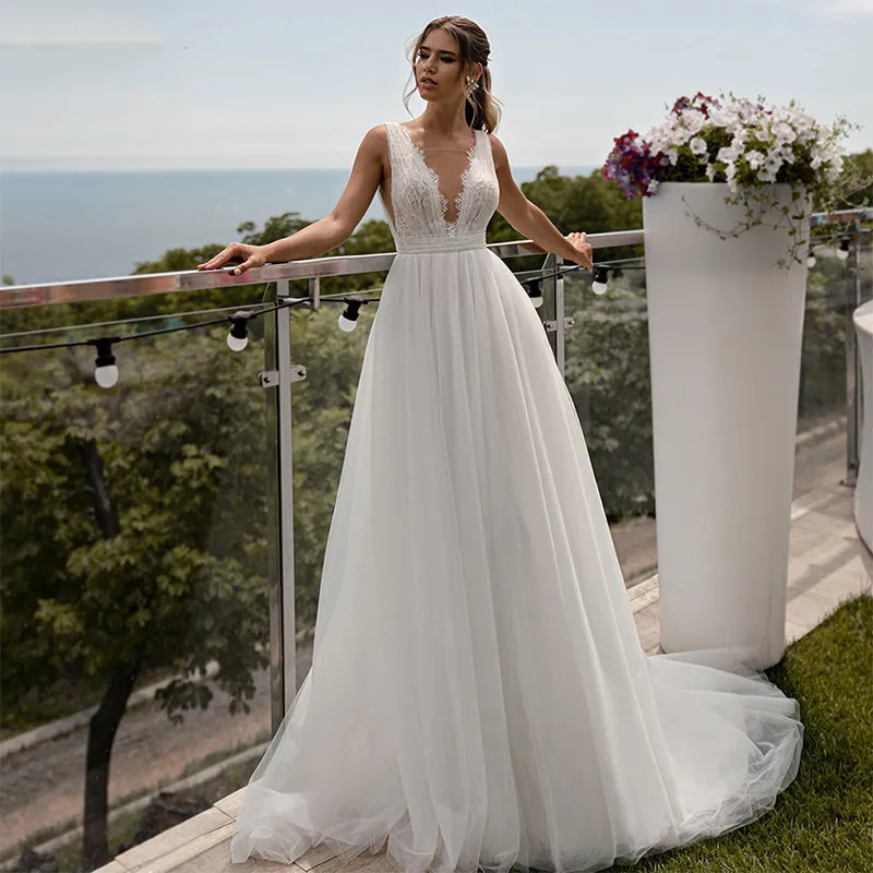 Robe De Mariée Sexy en dentelle, dos nu, col en v profond, avec des Appliques, en Organza, Court Train, sans manches, pour l'été, 2023