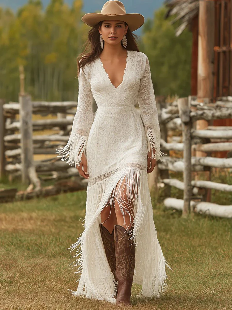 Abito elegante vintage da donna Boho con nappe Abito lungo in pizzo bianco con scollo a V e maniche con frange Abito da festa alla moda autunnale Abiti maxi per invitati al matrimonio