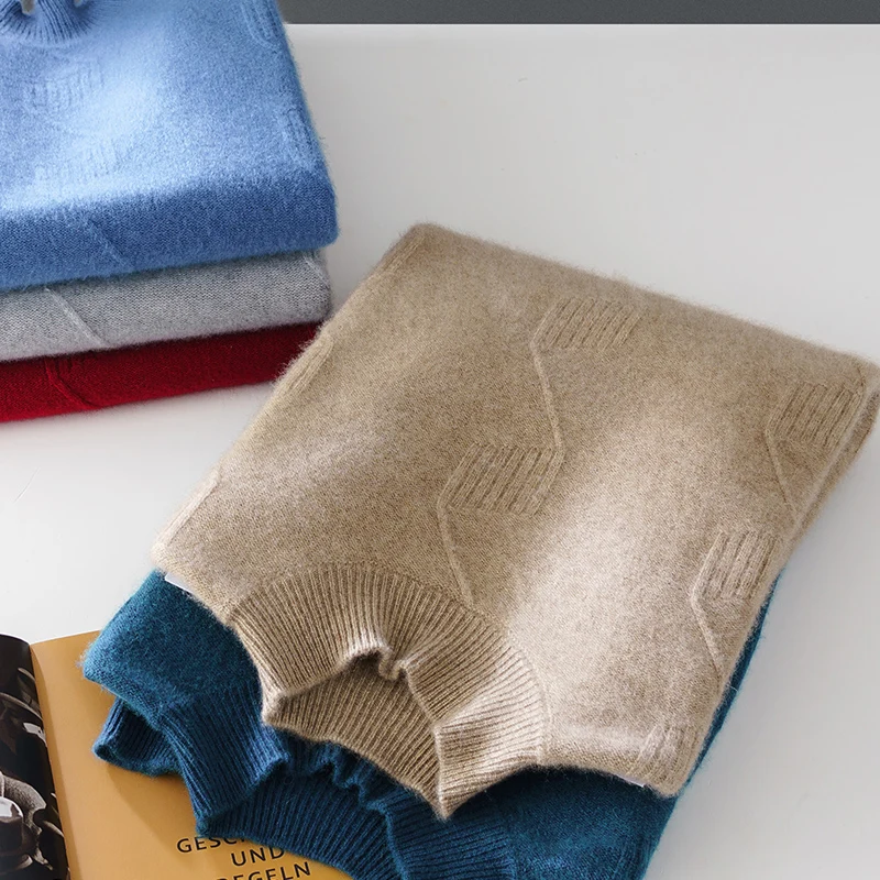 Autumn And Winter Cashmere Sweater Men's Semi-High Neck Jacquard Thick Sweater Solid Color 100% Wool Knitted Bottoming Shirt
