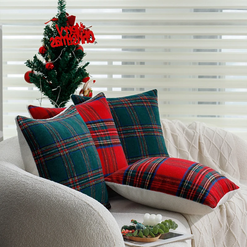 

Christmas Home Decoration 30x50cm Cushion Cover Red/Green Retro Plaid-Single Plush Pillow Cover for Living Room Sofa Pillowcase