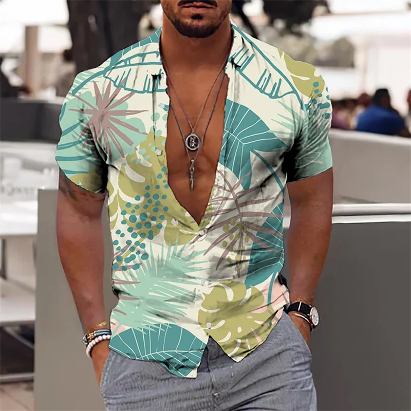 Men\'s Hawaiian Shirts Floral Leaves Elegant Flower Pattern High Quality Society Social Casual Vacation Fashion Luxury Clothing