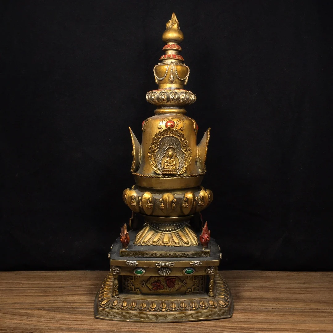 

16"Tibetan Temple Collection Old Bronze Painted Shakyamuni Pagoda Amitabha Buddhist Niche Stupa Worship Hall Town house