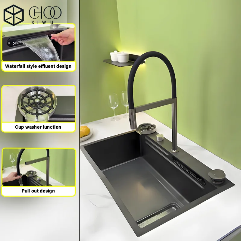 304 Stainless Steel Kitchen Waterfall Sink Digital Display Large Single Sink Dish Basin Sink With Multifunction Touch Waterfall