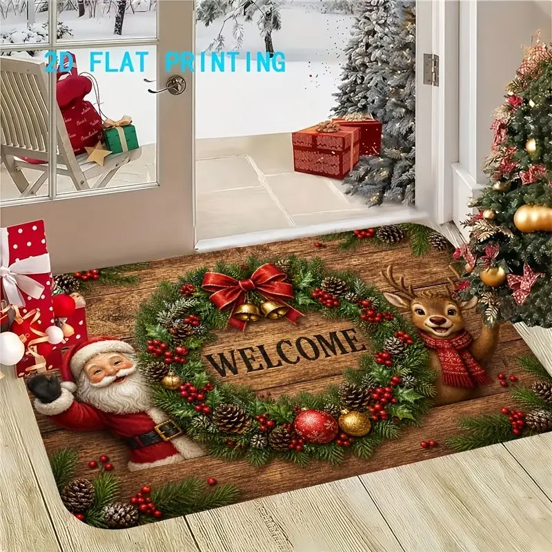 VIKAMA Christmas Welcome Wreath Doormat Santa Reindeer Nutcracker Non Slip Front Porch Floor Rug Winter Holiday Decor Rug Decor
