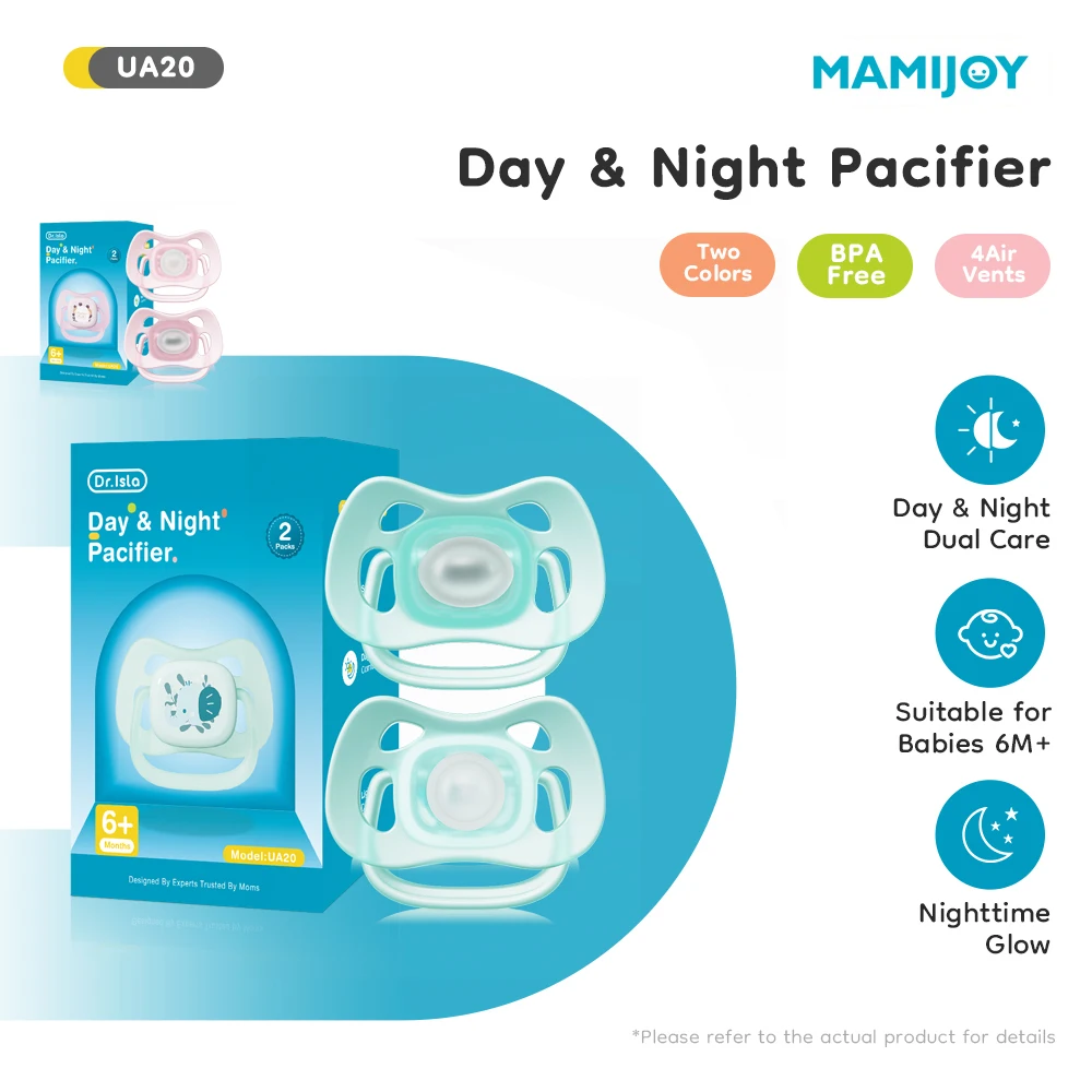 MAMIJOY UA20 Baby Pacifier Day & Night 2PCS Food Grade Silicone BPA-Free Glow in Dark with Storage Box for 6+ Month Newborn