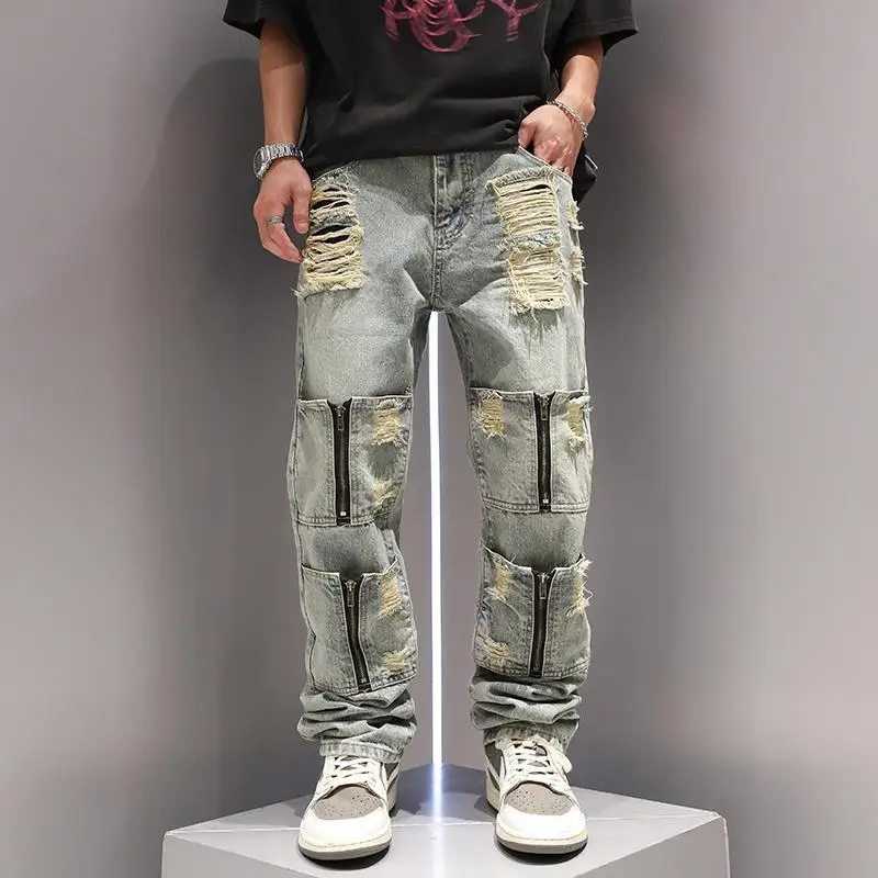 American retro distressed multi pocket straight leg jeans high street hip-hop pants pants baggy ripped  cargo men jeans