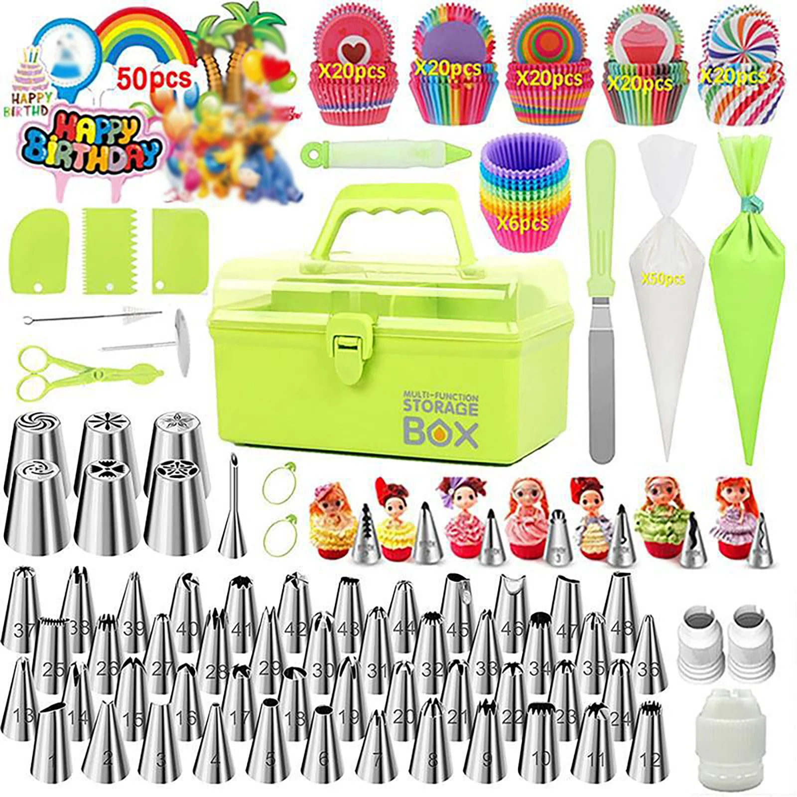 Juego de boquillas rusas para tuberías, 284 Uds., con caja de almacenamiento, puntas para glaseado, bolsa de pastelería, revestimiento para magdalenas, raspador, Kit de suministros para decoración de pasteles