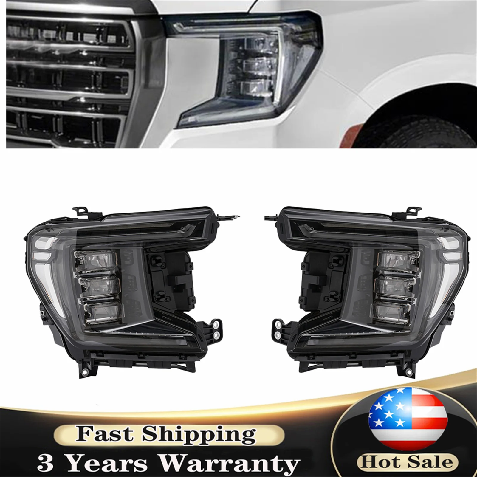 

For 2021 2022 2023 GMC Yukon LED Headlights Headlamps Black Pair / Left/ Right Side