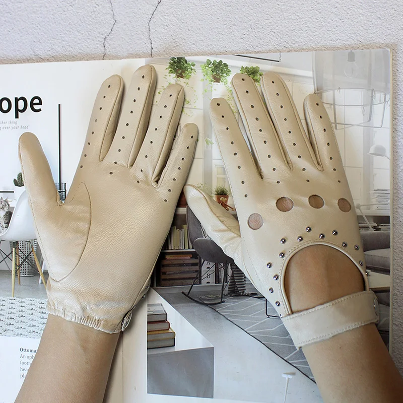 Gants de conduite d\'été en cuir véritable pour femmes, gants en peau de mouton, style fin, non doublés, documents d\'équitation de moto, mode, nouveau