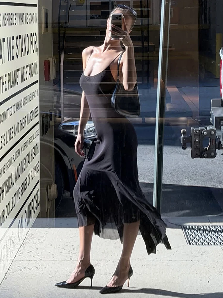 Sisterlinda Simpel Maxikleid für Damen mit Rüschen, Unregelmäßigem Saum, Tiefem Ausschnitt, Ärmellos, Einfarbig, Schmal Geschnitten, Klassisch, High-Street-Stil, Vestidos – Detail 9