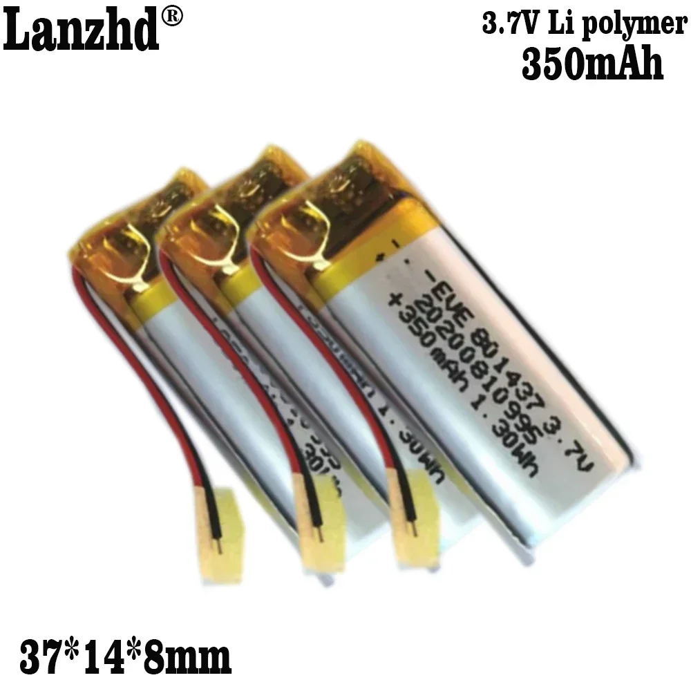 3.7V 801437 Lipo Cells 350mah Lithium Polymer Rechargeable Battery for GPS Recording Pen LED Light Beauty Instrument MP3