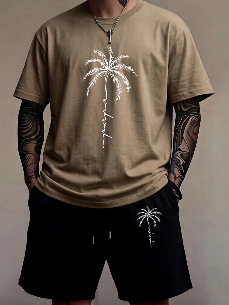 

Coconut Tree Creative Sketch Prints Male Cotton Running Short Sleeve Basics O-Neck Streetwear Suits Casual Summer Tees & Shorts