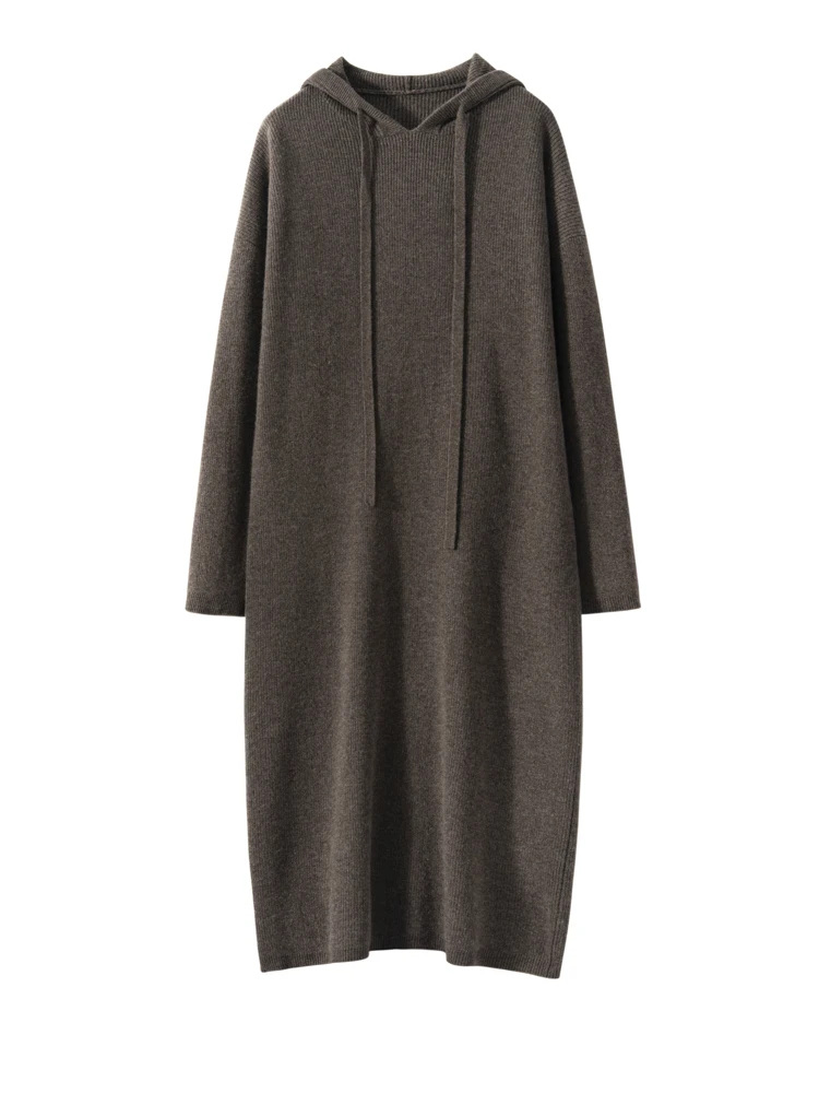 Damski sweter z kapturem ze 100% kaszmiru, jesienno-zimowy, jednolity kolor, kobieca, elegancki, gruby, miękki, ciepły, dzianinowy.