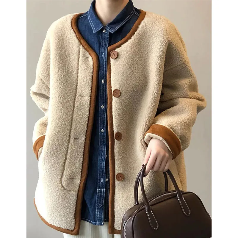 2025 سيدة الموضة الجسيمات المخملية سترة المرأة الكورية كسول طويلة الأكمام معطف فوقي الخريف الشتاء الإناث رشاقته صوف الضأن أبلى