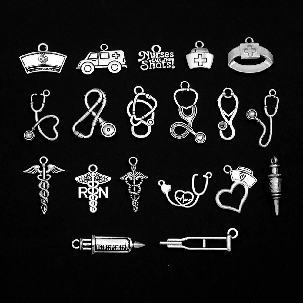 5-50pcs/lots Antique Medical Thermometer Syringe Nurse Cap Charms Stethoscope Pendants Jewelry Making Findings Craft Wholesale