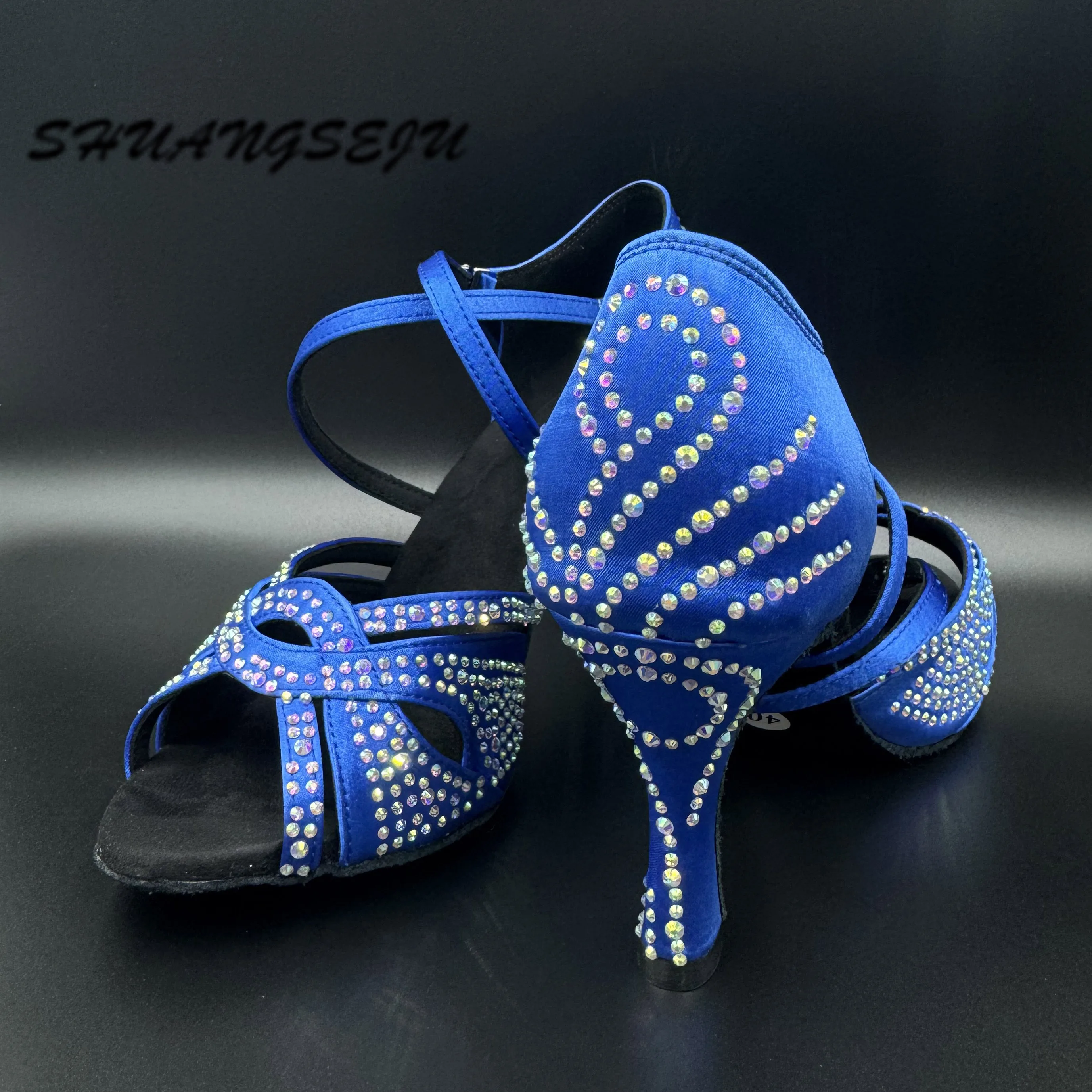 SHUANGSEJU New royal blue satin Latin dance shoes professional ballroom salsa bachata soft-soled dance shoes with mid-high heel view 6