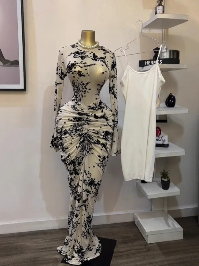 Ultraluxuriöses Kleid, europäisch-amerikanisches Langarmkleid, durchscheinende, florale Damenkleider, gerüscht mit Innenfutter