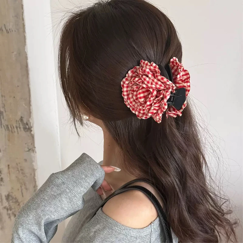 

1/6 Pcs Women's Hair Claw Clip Korean Headwear High Checkered Yellow Rose Exquisite Hair Grab Quality Korean Hair Accessories