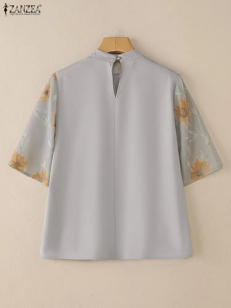 Elegant Office Women Blouse ZANZEA Summer Shirt Woman Stand Neck Short Sleeve Tunic Tops Stylish Floral Print Blusas Mujer Femme