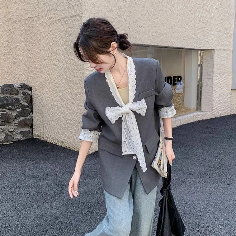 2026 Spring Autumn New Lace Splicing Gray Casual Suit Jacket Women High-End Loose Thin Blazers Coat Female Lined Blazer Outwear