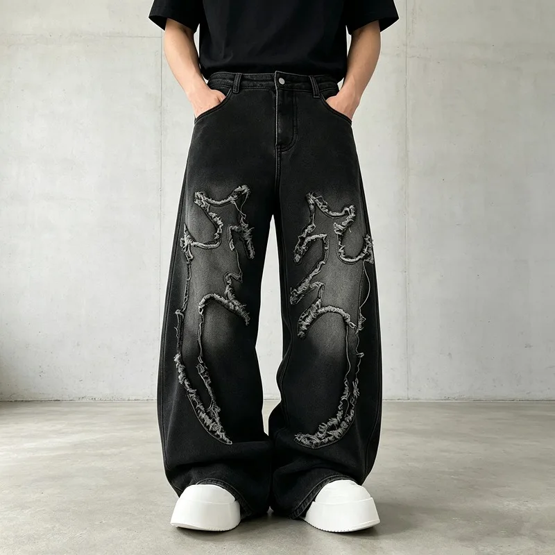 Men Black Distressed Raw Edge Patchwork Baggy Jeans, Y2K Graphic Wide Leg Denim Pants