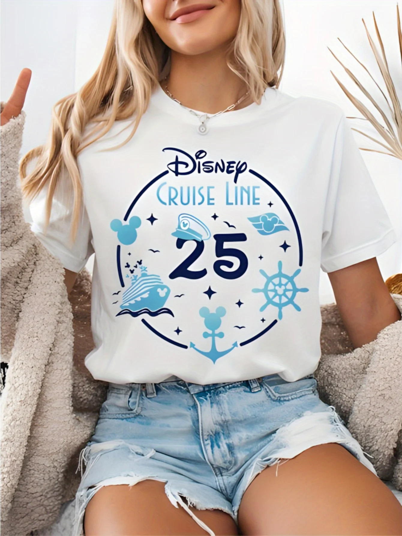تي شيرت نسائي 100% مطبوع عليه الذكرى السنوية الخامسة والعشرين من ديزني كروز، خفيف الوزن، مسامي، تي شيرت صيفي كاجوال فضفاض مناسب مع