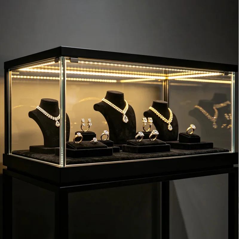 custom.Retail Full Tempered Glass Showcase Counter Custom Lighted Wall Display Shelving Cabinet Unit