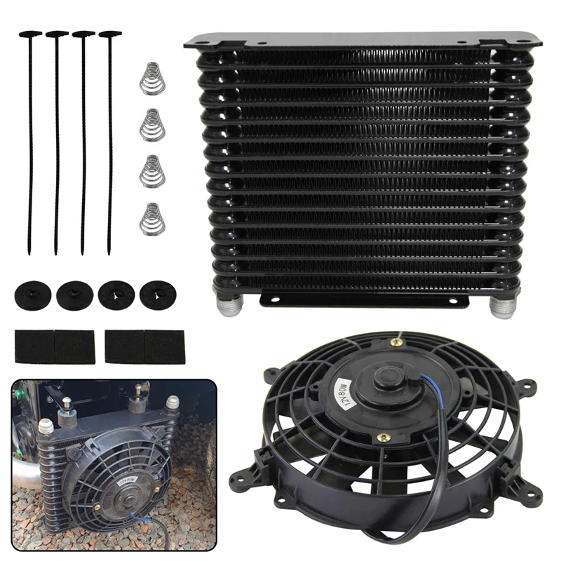 

Black Oil Cooler Universal 32mm 15 Row AN8 3/4"-16 UNF Aluminum Engine Transmission 226MM + 7" Electric Fan For gt86
