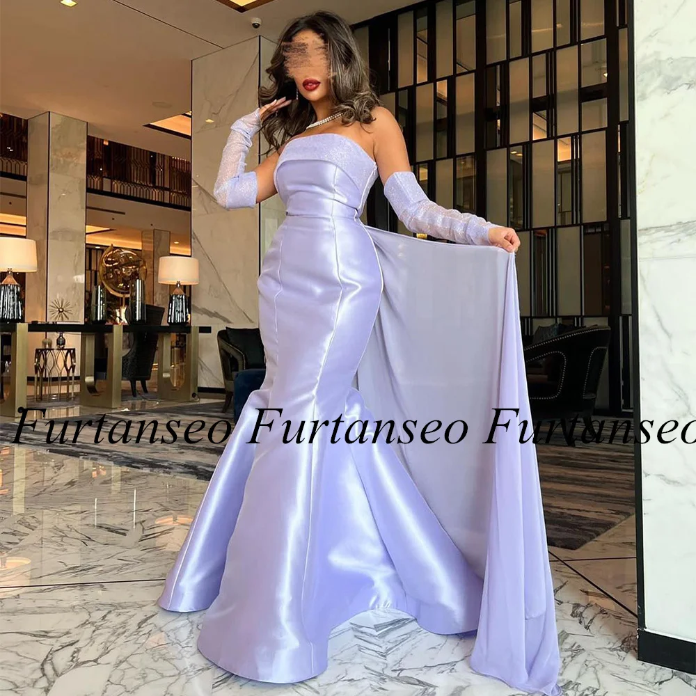 

Lilac Mermaid Prom Dress Strapless Detachable Long Sleeve Back Chiffon Train Sweep Train Satin Trumpet Arabic Evening Dresses