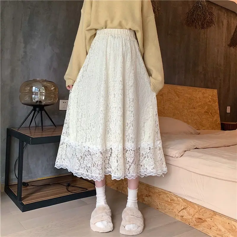 

High Waist Lacing A-line Skirt Spring Autumn New Hollow Out Solid Color Patchwork Youth Skirt Fashion Temperament Women Clothing