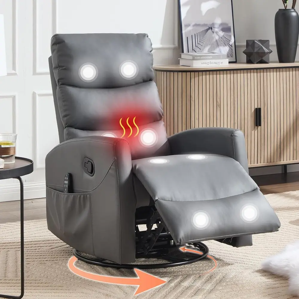

Gray Leather Swivel Rocker Recliner with Massage, Vibration, and Heat for Living Room