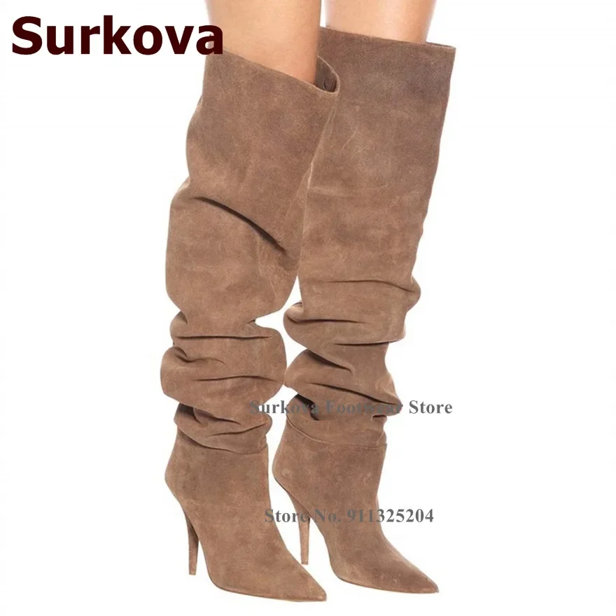 Surkova Women Luxury Coffee Suede Pleated Over The Knee Boots Thin High Heels Pointed Toe Folded Thigh Boots Women Dress Shoes