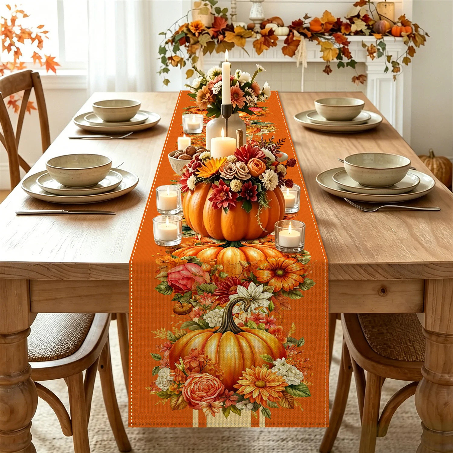 Rustic Farmhouse Thanksgiving Table Runner, Orange Pumpkin Floral Fall Harvest Decor, Rectangular Edged Runner for Outdoor Patio