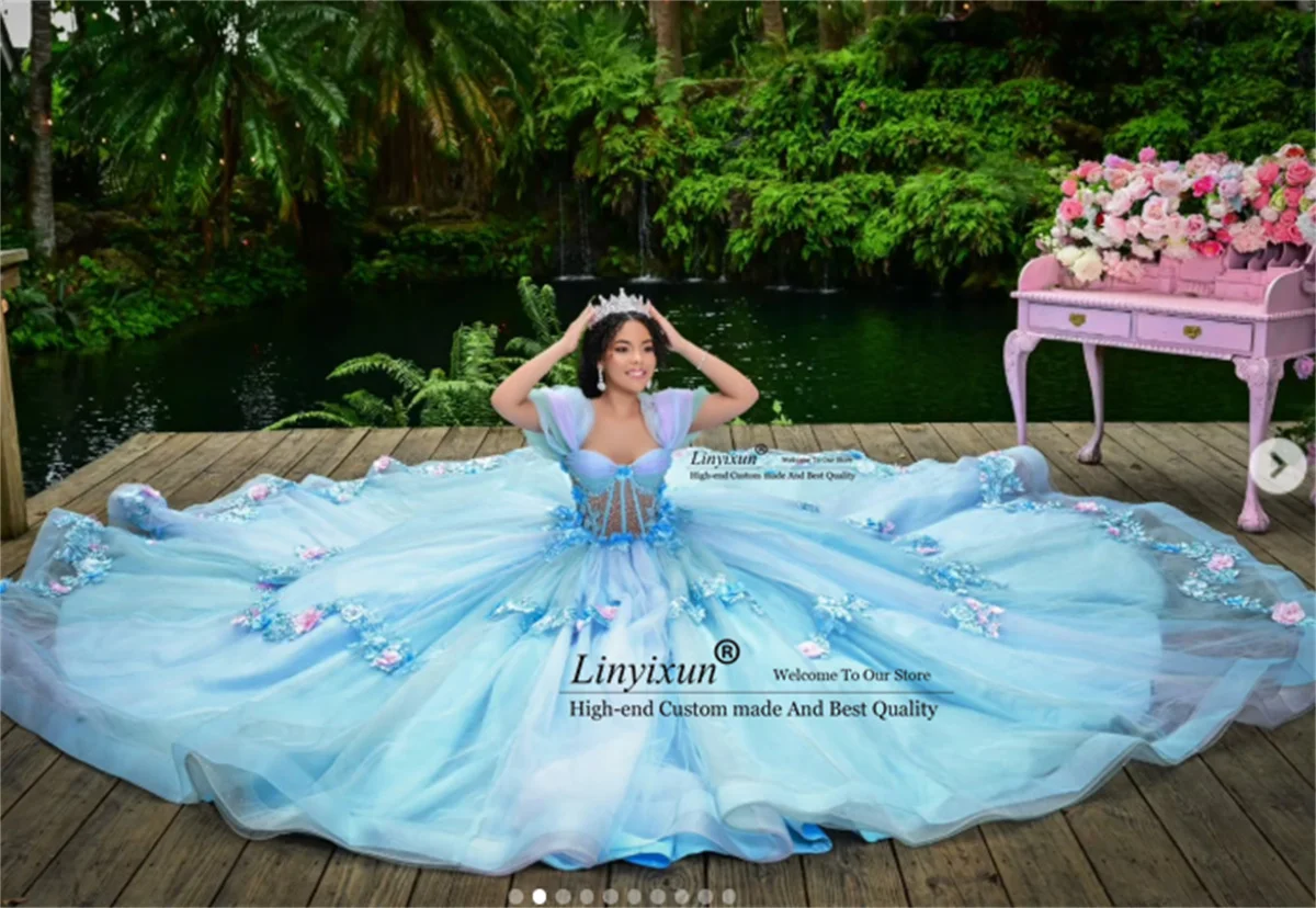 Meksykańskie aplikacje 3D na sukienki Quinceanera, szyte na miarę suknie balowe Sweet 16 z odkrytymi ramionami, sukienki Vestidos De 15 XV Anos z odkrytymi ramionami