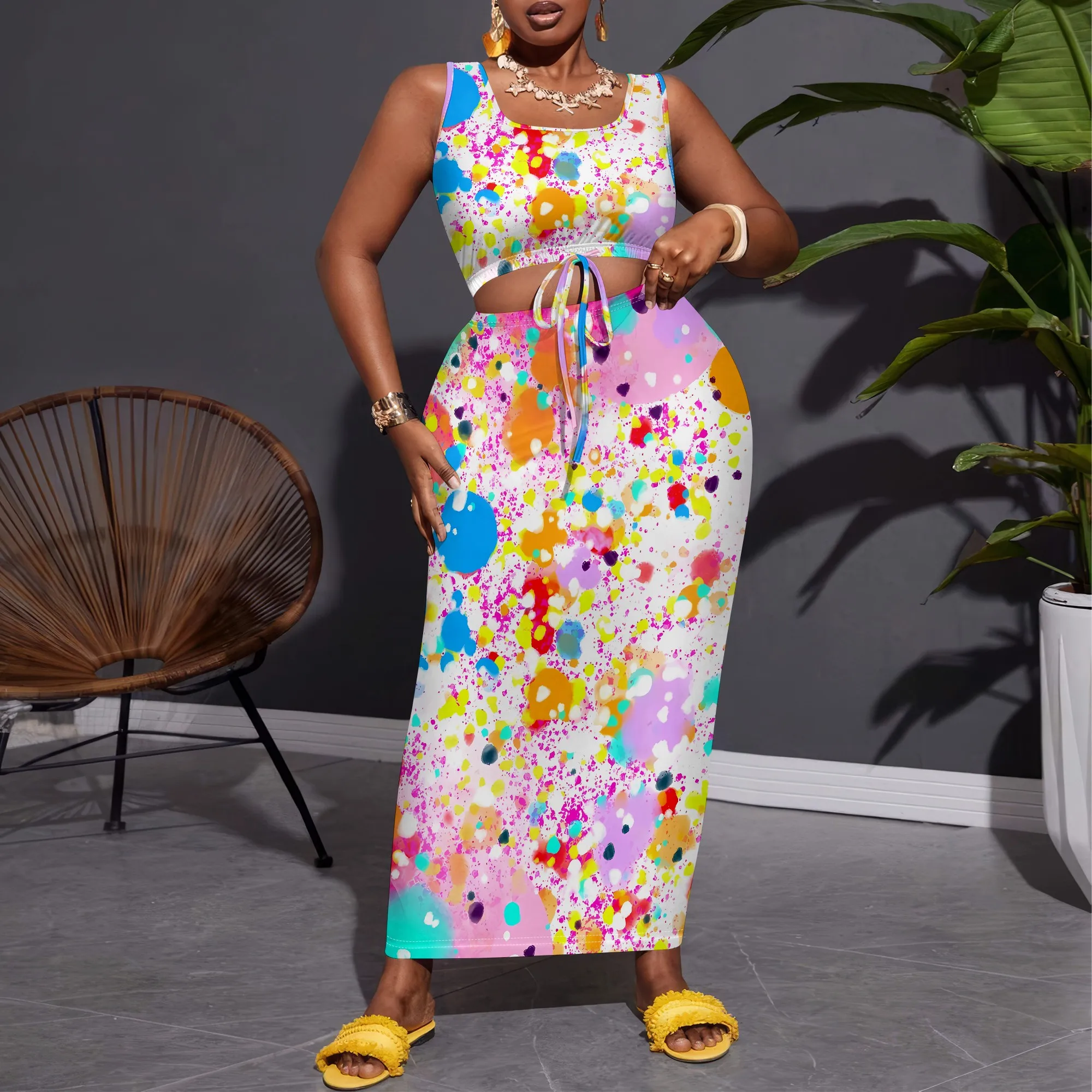 

Nupusa Plus Size Colorful Splash Print Two - Piece Set Women Summer Sleeveless Casual Outfit