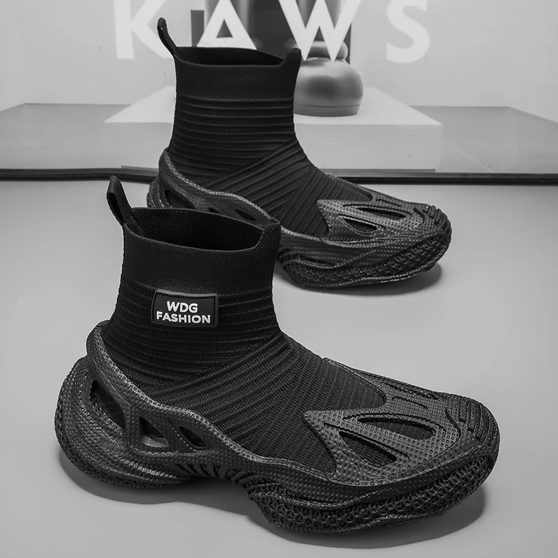 

Classic Black Men's High Top Shoes Breathable Knit Socks Shoes Man Outdoor Trendy Mecha Shoes Men Casual Boots chaussure hommes