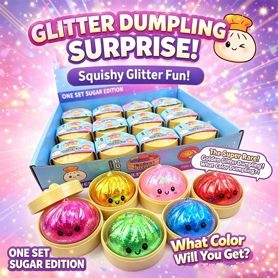 3A-Glitter Dumpling Squishy ULTRA RARE Gold Glitter Hidden Edition  Dumplings Sensory Steamer Soft TPR Dough Ball