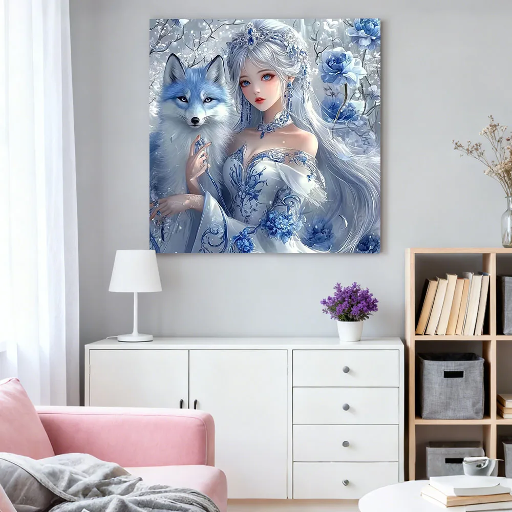 HUACAN Diamond Mosaic Complete Kit Girl Lion Portrait Winter Animal Full Kits Diamond Painting Wolf Tiger Horse Home Decor view 3