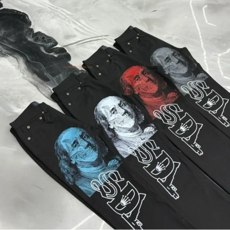 Ins New Net Red Design Personality Printing Wide Leg Pants Men Women Black Straight Jeans Winter Loose High Street Casual Jeans