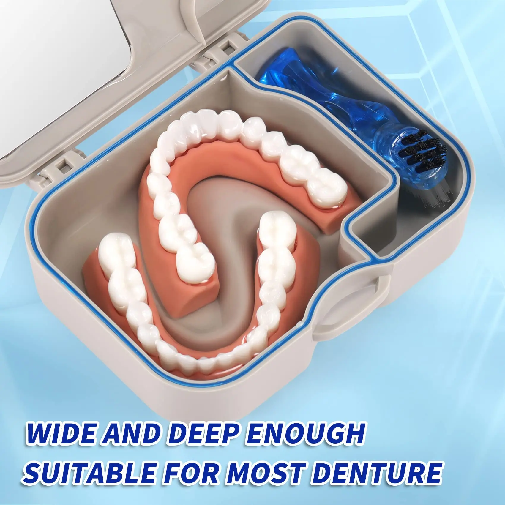 Коробка для ванной для зубных протезов с зеркалом и чистящей щеткой