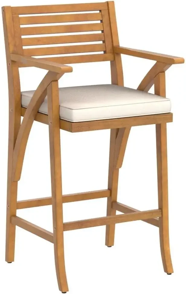 Set of 2 Outdoor Acacia Wood Bar Stools Bar Chairs for Patio, Pool, Garden w/Weather-Resistant Cushions