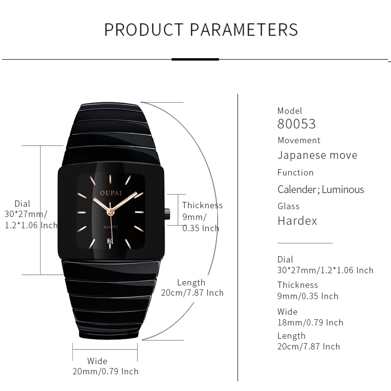 OUPAI 2024, старинные модные квадратные черные керамические кварцевые роскошные водонепроницаемые часы, мужские светящиеся наручные часы с защитой от царапин