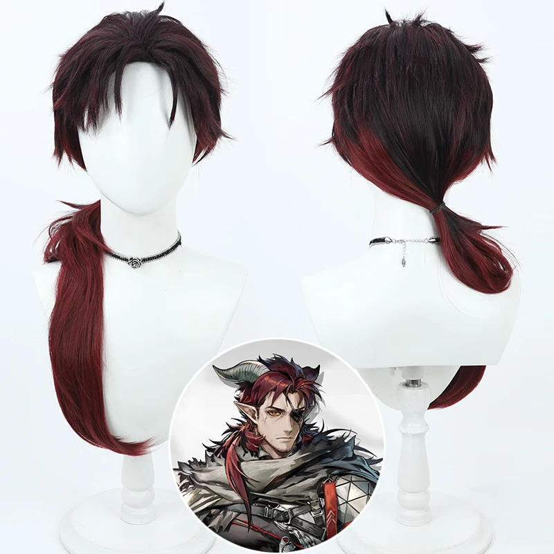 Arknights Hoederer Cosplay Wig Dark Red Long 70cm Heat Resistant Synthetic Hair Halloween Costume Role Play Party Wigs + Wig Cap