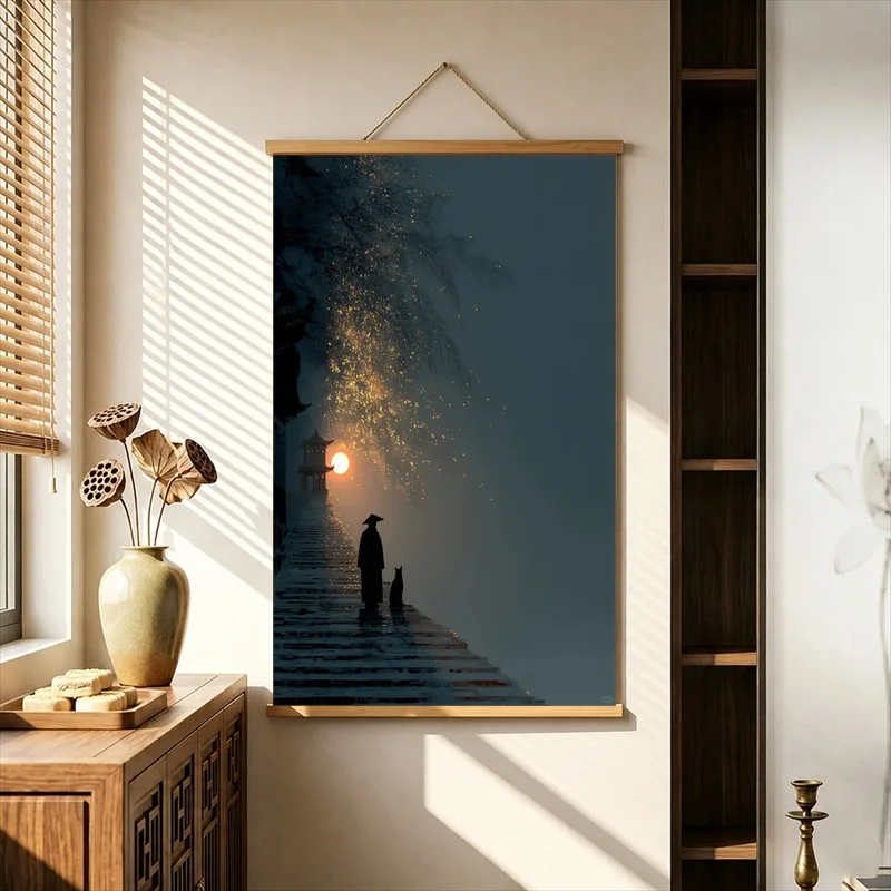 Wall Art Night Mountains with Golden Trees and Solitary Walkers, Pearlescent Canvas Hanging Scroll for Boutique Hotel Wall Decor