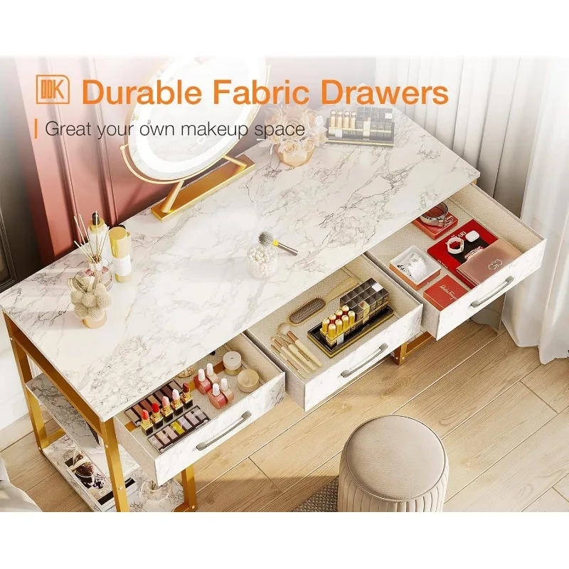 Vanity Desk with 3 Fabric Drawers & Storage Shelves, Makeup Dressing Table, for Bedroom, White and Gold, 48"x16" (No Mirror)