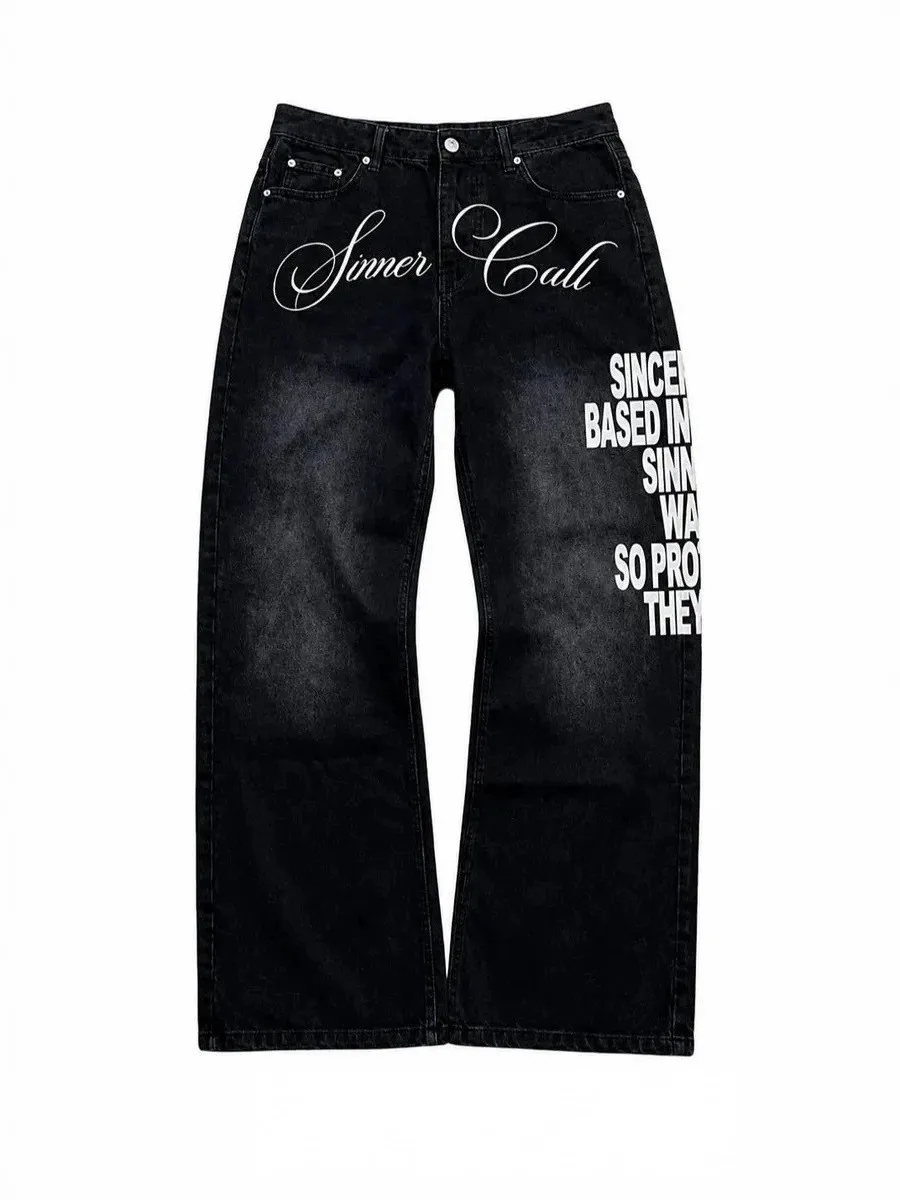 Retro Pattern Printed Jeans Unisex Y2K High Street Hip Hop Versatile Long Trousers Low Waist Cotton Summer Non-Stretch Straig...