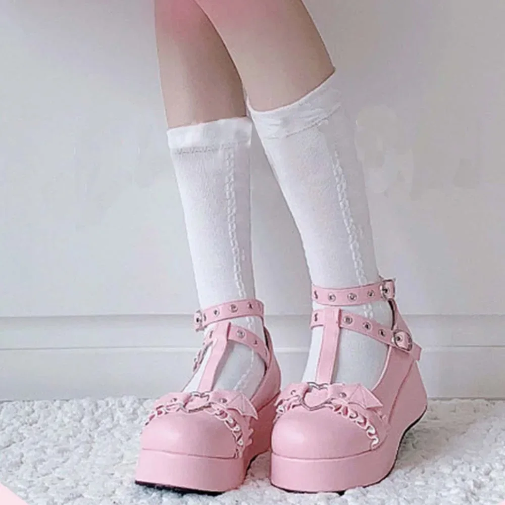 Nieuwe Zoete Hart Gesp Wiggen Mary Janes Vrouwen Roze T-Band Chunky Platform Lolita Schoenen Vrouw Punk Gothic Cosplay Schoenen 43